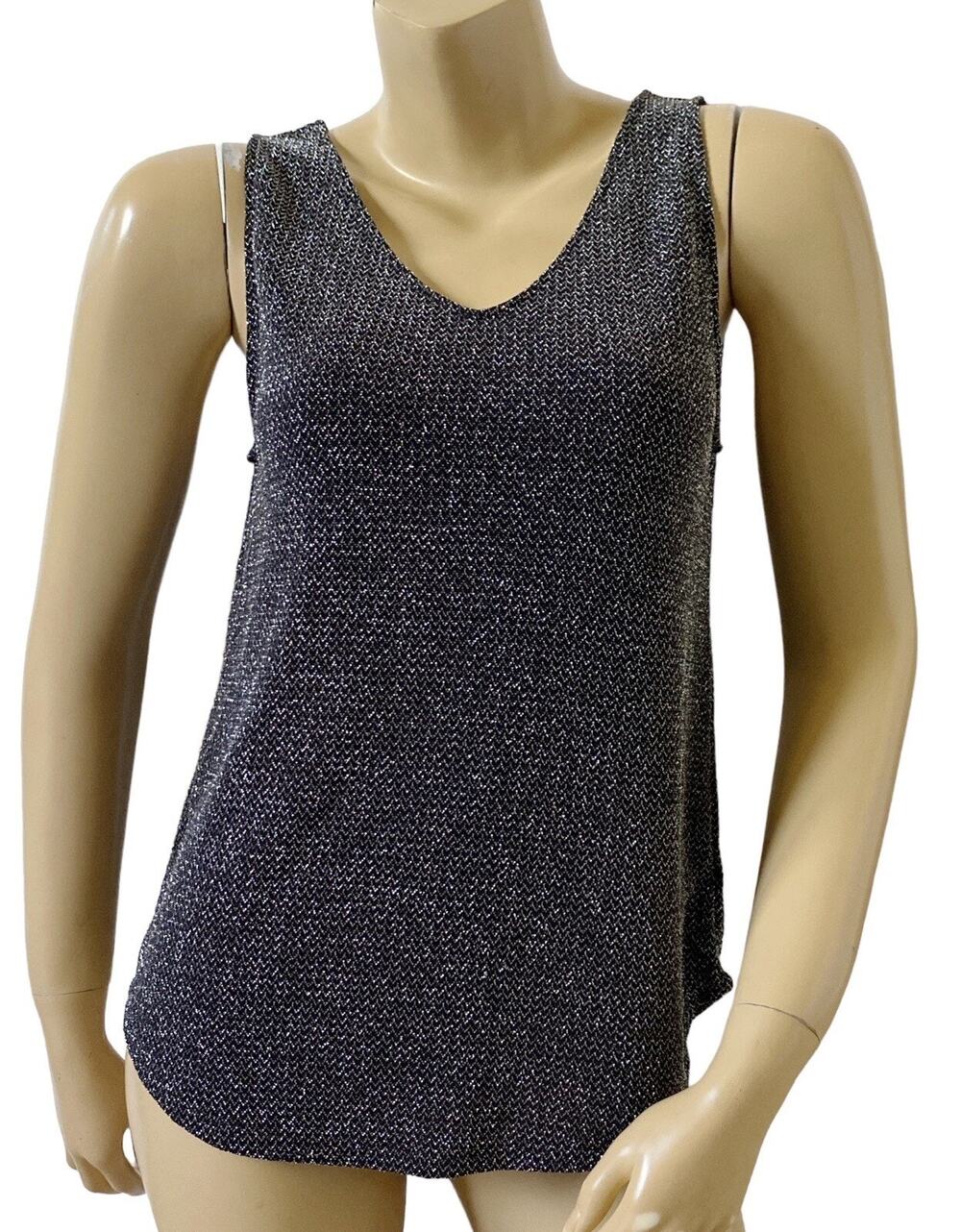 Elodie Tank Top Womens M Silver Black Metallic Sleeveless V Neck Stretch Party